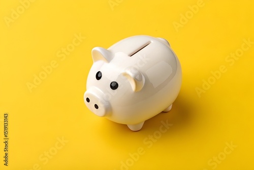 Top-Down View of White Piggy Bank on Bright Yellow Background – Minimalist Glossy Finance Visual