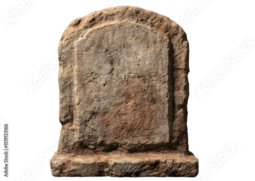 Ancient weathered stone stele with worn inscription isolated against a black backdrop