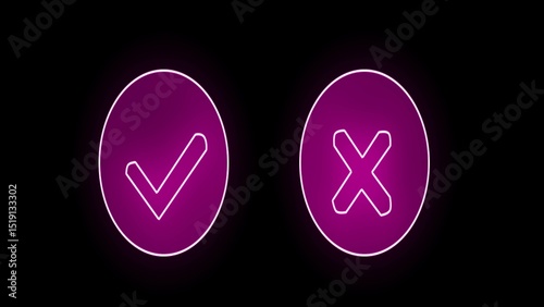 Neon successful symbol, check mark, tick mark. Neon approve and Reject icon.