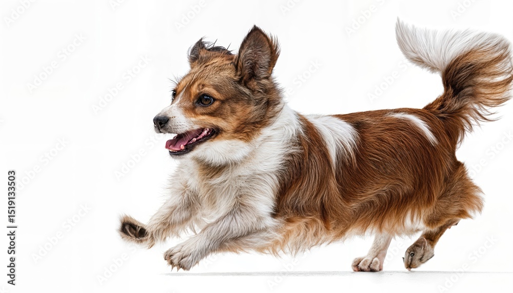 Fototapeta premium Playful Brown and White Puppy Running and Smiling against a Transparent or White Background Joyful Pet Portrait Radiating Energy and Vibrancy, Perfect for Digital Art, Home Decor, and Design
