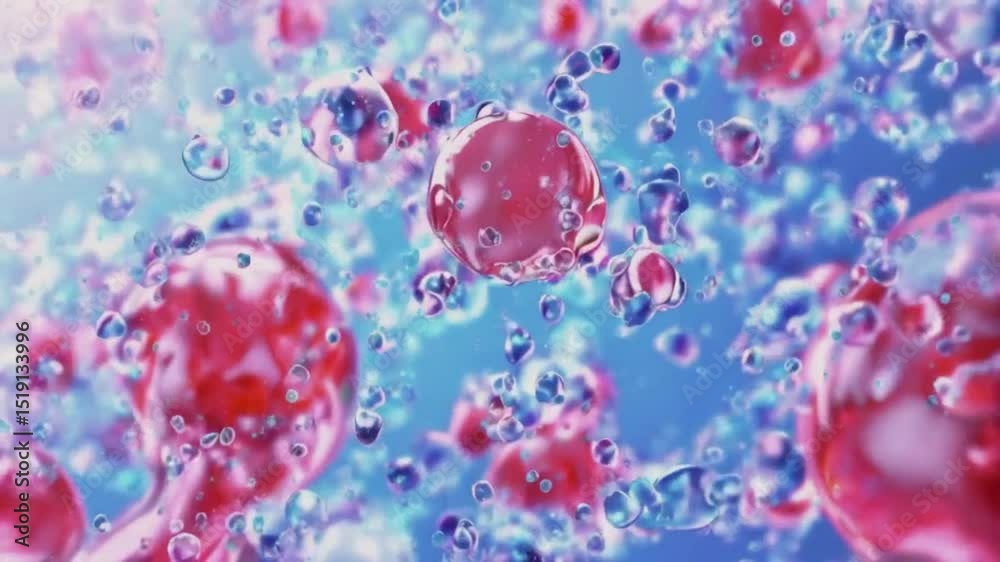 Abstract pink and blue bubbles floating in liquid.