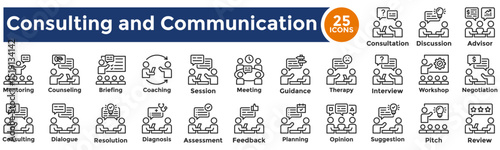 Consultation and communication icon collection set. Containing interview, discussion, meeting, opinion, session, negotiation, briefing, suggestion, resolution icon. Simple line vector illustration.