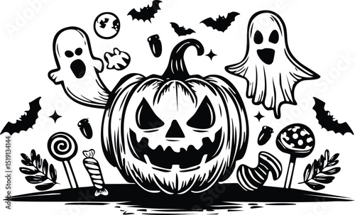 Halloween Pumpkin Ghost Illustration: Spooky Bat Candy Night Clipart

