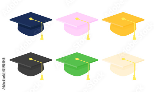 Graduation hats of different colors. Gold, black, pink, green, white, blue graduation hat.