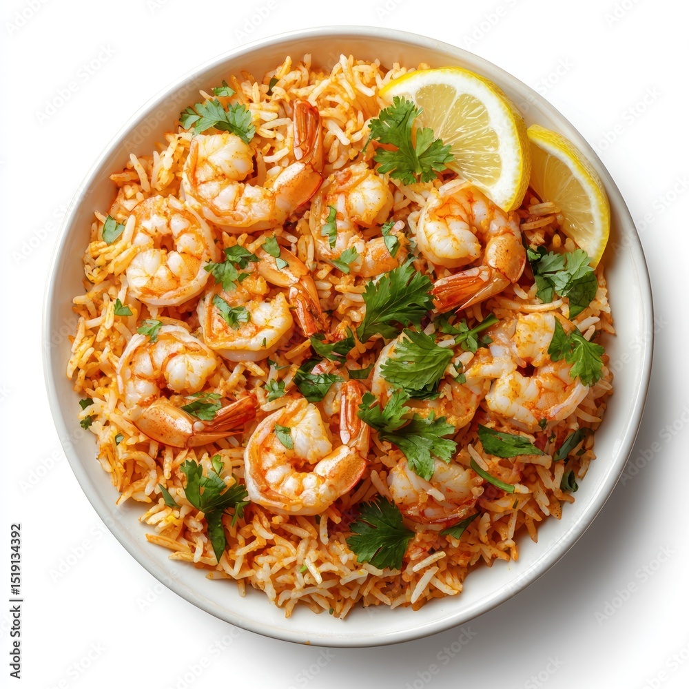 A top-view shot of a plate of prawn biryani featuring perfectly cooked shrimp and aromatic spiced rice, garnished with lemon wedges and coriander A top-view shot of a plate of prawn biryani featuring perfectly cooked shrimp and aromatic spiced rice, garnished with lemon wedges and coriander