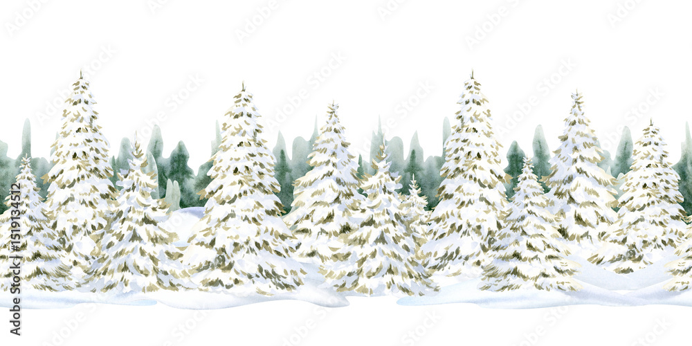 Obraz premium Winter fir forest in snow watercolor seamless border isolated on white. Hand drawn Christmas trees in snowdrifts banner for Happy New Year cards and greetings. Snowy horizontal landscape clip art