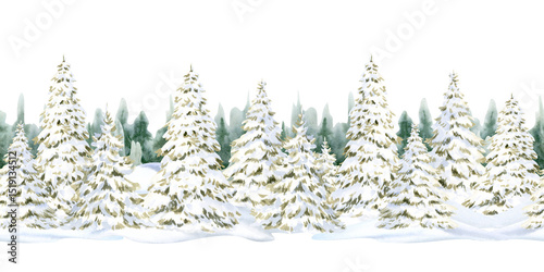 Winter fir forest in snow watercolor seamless border isolated on white. Hand drawn Christmas trees in snowdrifts banner for Happy New Year cards and greetings. Snowy horizontal landscape clip art
