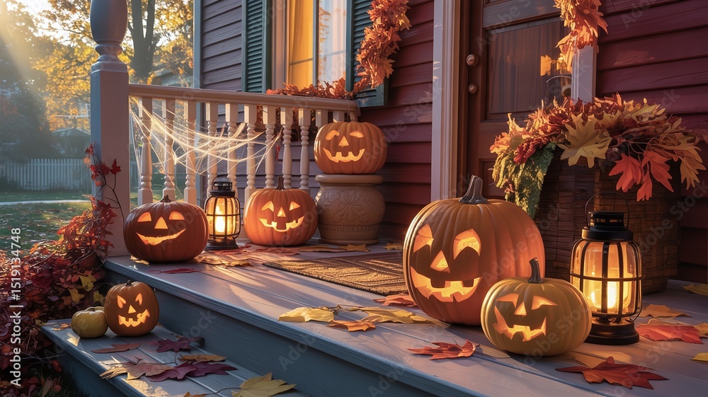 Obraz premium Halloween, Lit jack-o'-lanterns & autumn decor on porch steps.