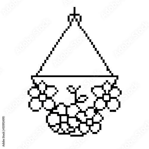 pixel  hanging basket brimming with blooming flowers in a charming design