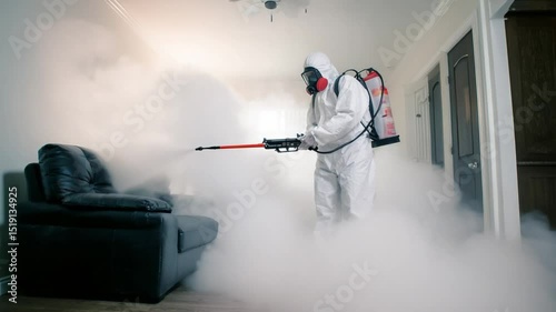 Disinfection Specialist at Work: A hazmat-suited professional diligently disinfects a room filled with fog, showcasing the importance of hygiene and safety.
