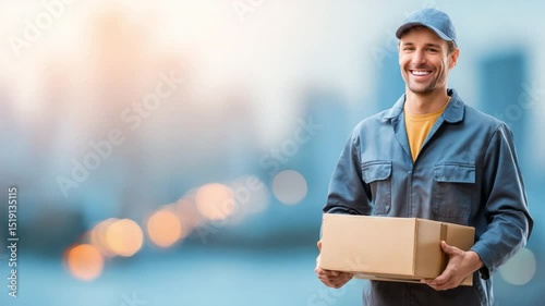 Speedy Courier with Delivery Box: A smiling delivery professional in uniform, confidently holding a cardboard package, ready to deliver goods to a customer. captures the friendly service.