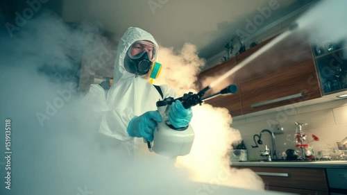 Sanitizing in Protective Suit: A professional, clad in a full hazmat suit and respirator, sprays a potent sanitizing agent, enveloped in a cloud of mist, against a kitchen backdrop.