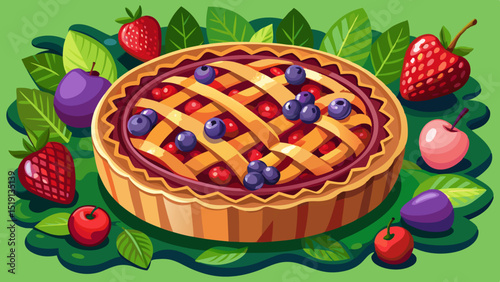 Delicious berry pie with lattice crust surrounded by fresh fruits and green leaves on colorful background