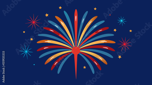 Colorful firework explosion in night sky with red, blue and yellow bursts and surrounding stars