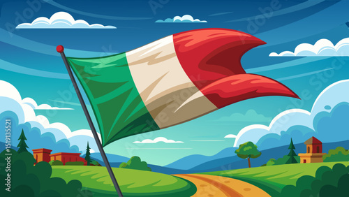 Italian flag waving in the wind over scenic countryside with hills, trees and village buildings