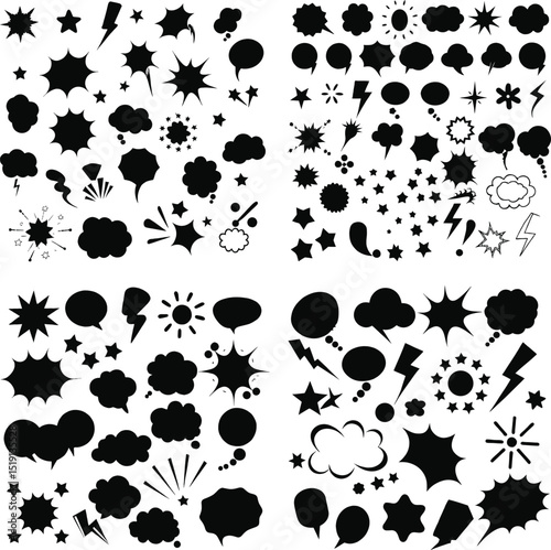 Large collection of black comic speech bubbles and elements