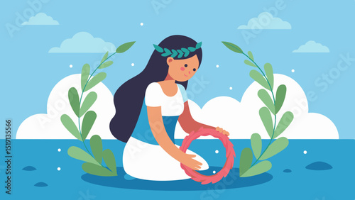 Girl in water holding a pink floral wreath surrounded by plants under a bright blue sky
