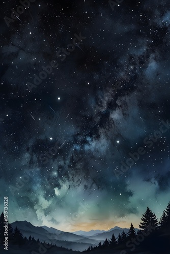Dreamy landscapes with visible milky way and constellations in watercolor style