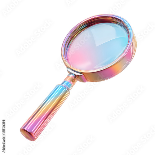 A colorful iridescent magnifying glass with a vibrant pastel inspired metallic finish representing the concepts of search research analysis and investigation