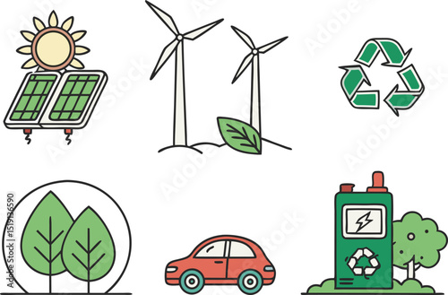 Eco and Green Energy Illustrations in Colorful Style. Colorful Green Energy and Eco Design Illustration Set. Renewable Energy and Eco Icons Colorful Illustrations. Collection of Eco Friendly and Green