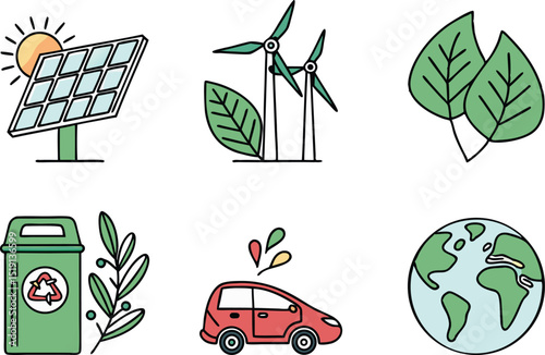 Eco and Green Energy Illustrations in Colorful Style. Colorful Green Energy and Eco Design Illustration Set. Renewable Energy and Eco Icons Colorful Illustrations. Collection of Eco Friendly and Green