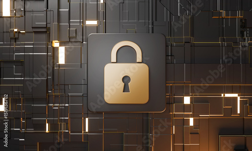 digital security Illustrative depiction of a golden padlock, set against a backdrop of intricate, abstract patterns and vibrant, futuristic circuits