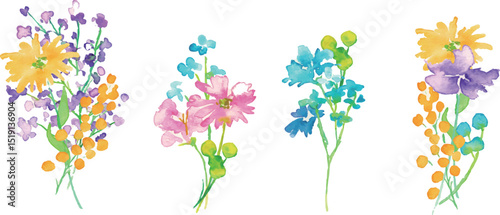水彩画。水彩タッチのカラフルな花花束イラスト。色とりどりの花のベクターフレーム背景。Watercolor painting. Colorful flower bouquet illustration with watercolor touch. Colorful flowers vector frame background.