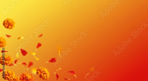 Gradient from golden yellow to orange-red, marigold petals floating in the air, right center copy space