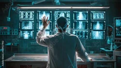 Analyzing the Radiance: A medical professional stands before illuminated X-rays, representing modern medical diagnosis, bathed in a blue-toned room