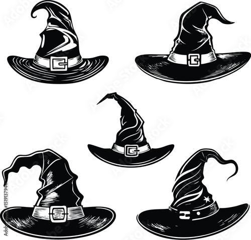 Witch Hat Collection Illustration: Magic Halloween Costume Clipart

