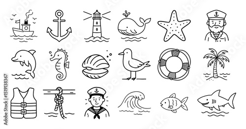 nautical elements sea icons hand drawn vector set