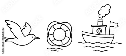 simple sea transport icons with bird and lifebuoy
