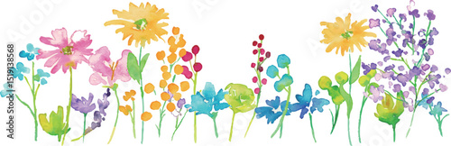 水彩画。水彩タッチのカラフルな花花束イラスト。色とりどりの花のベクターフレーム背景。Watercolor painting. Colorful flower bouquet illustration with watercolor touch. Colorful flowers vector frame background.