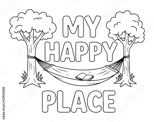 my happy place quote with hammock between trees