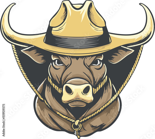 Cowboy Bull Head Illustration: Western Rodeo Animal Mascot Clipart

