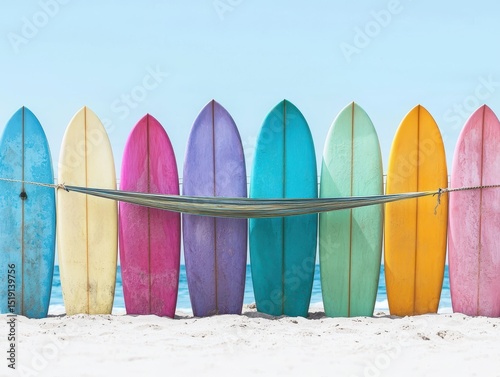 relax hammock beach concept. Colorful surfboards lined against a beach backdrop create a vibrant coastal scene.
