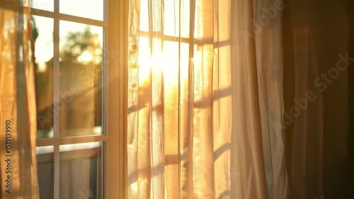 Sunlight streaming through a window with sheer curtains.