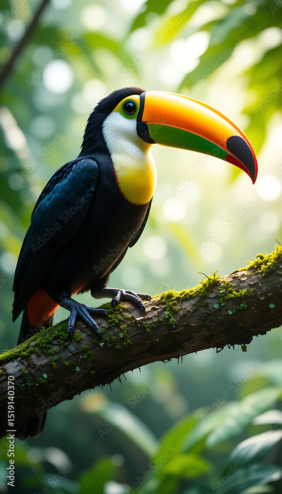 Obraz premium Vibrant Toucan Perched on Mossy Branch in Tropical Rainforest