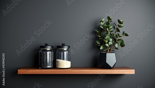 Modern Minimalist Home Decor Floating Shelf with Plant and Glass Jars