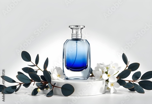 Elegant Blue Perfume Bottle with White Flowers and Eucalyptus Leaves