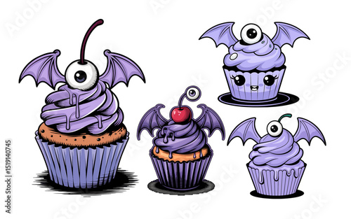 Halloween Bat Cake Vector Illustration Bundle, halloween cupcakes on white background,halloween cake design, Halloween, spooky bakery, themed party ,  Halloween cake vector illustration