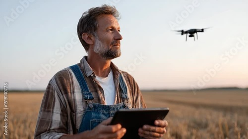 Farmer with Drone in Field: A seasoned farmer uses a tablet to control a drone, modern technology is embraced to monitor and manage a vast field of ripe crops.