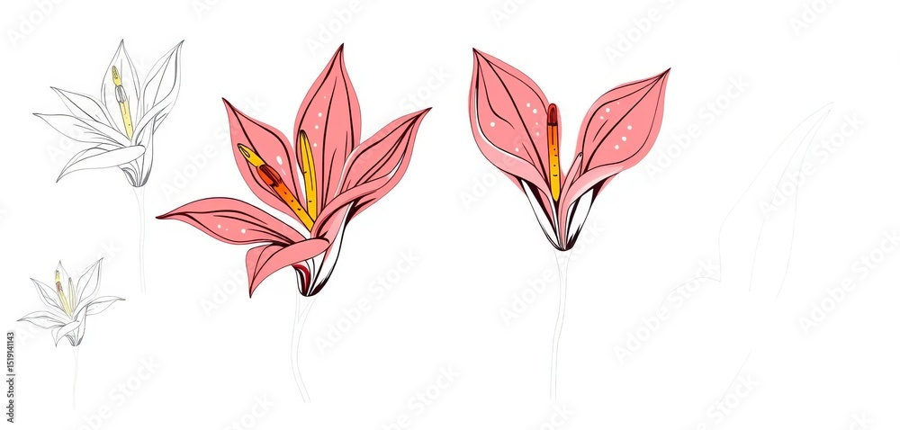 Fototapeta premium Hand-drawn heliconia flower outlines, doodle style vector illustrations, perfect for crafting and design, summer, pattern