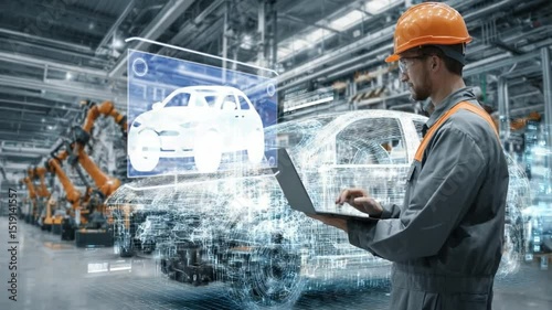 Automotive Assembly in Progress: A skilled engineer, equipped with a laptop and protective gear, meticulously reviews a digital blueprint of a car.