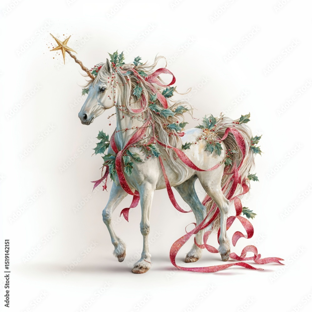 Fototapeta premium Magical unicorn adorned with festive decorations in a whimsical winter setting
