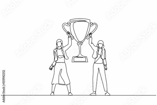 Continuous one line drawing two women holding golden goblet together. Winners celebrating victory. Businesswoman with prize, trophy cup. Celebration business team success. Single line design vector