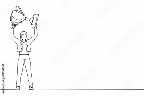 Single continuous line drawing businesswoman standing and lifting trophy. Career goal icon. Victory sign or symbol. Winner pose. Success, goal, achievement concept. One line draw graphic design vector