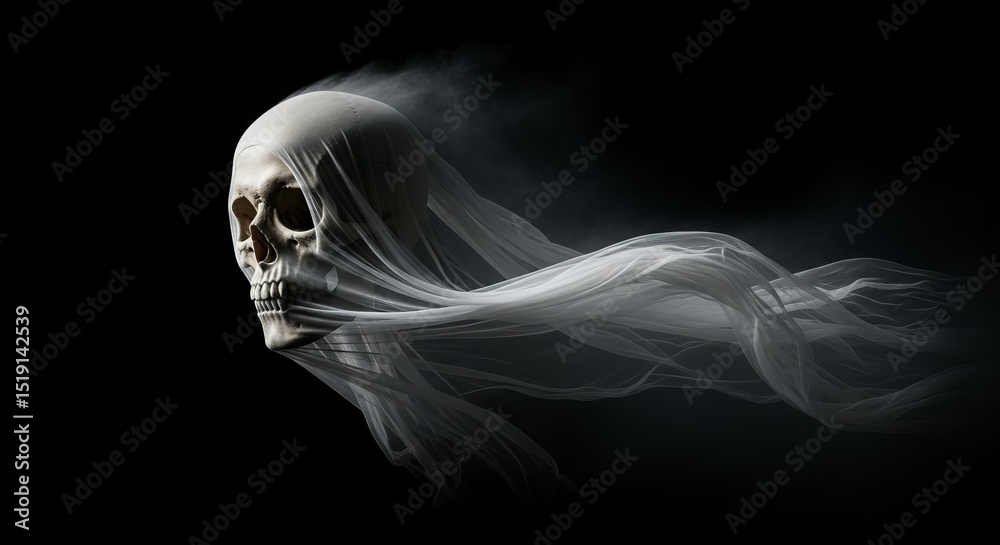 Fototapeta premium A ghostly skull emerges from swirling mist, creating an eerie, dramatic atmosphere.