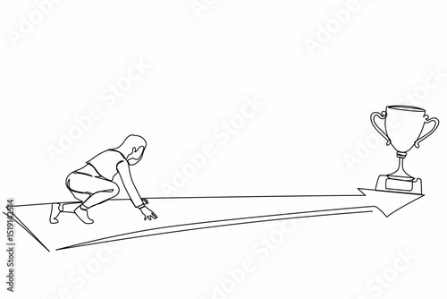 Continuous one line drawing side view businesswoman ready to run to trophy at end of route. Concept of vision mission and goal of business. Female run to their goal. Single line draw design vector