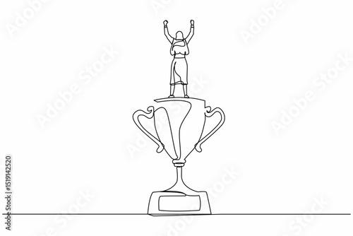 Single one line drawing back view businesswoman stand above trophy. Business metaphor of success and appreciation. Female celebrating her business award. Continuous line draw design graphic vector